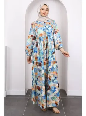 İmaj Butik Saks Mavi Yarım Düğmeli Eteği Katlı Desenli Elbise