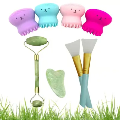 Buffer ® Çift Taraflı Jade Roller Yeşim Taşı + 2li Maske Fırçası + Siyah Nokta Temizleyici Bakım Seti