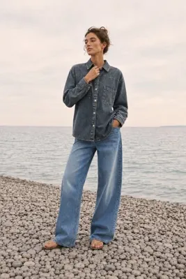 Safari Kadın Oversize Kot Gömlek Çift Cepli Denim Gömlek Uzun Kollu