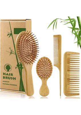 BRUSH Valkyrie %100 Bambu Doğal Fırça Tarak Seti 4 Adet ile Tüm Saç Tiplerine Uygun Bakım