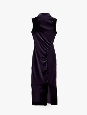 Koton Slim Fit Yırtmaçlı Drapeli Kolsuz Dik Yaka Uzun Kadife Elbise