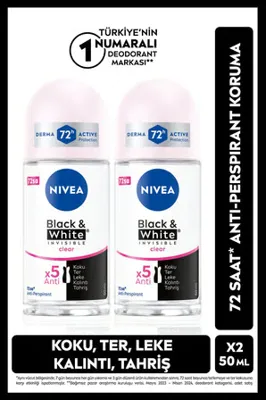 Nivea Kadın Roll-on Deodorant Black&White Invisible Pure 50ml, 72 Saat Anti-perspirant Ter Koruma, X2 Adet