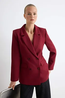 TRENDYOLMİLLA Bordo Regular Astarlı Kruvaze Kapama Dokuma Blazer Ceket TWOAW21CE0264