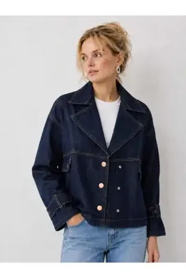 İMORA Kadın Geniş Yaka Uzun Kollu Ayarlanabilir Manşetli Denim Ceket
