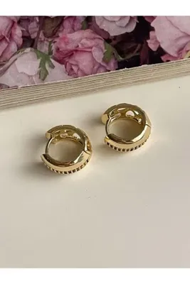 Koprinaco Özel Kaplama Gold Renkli Zirkon Taşlı Luna Küpe (1.90 Cm)