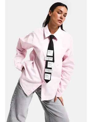 it's basic Kadın Pembe Renk Oversize Kravatlı Özel Tasarım Bol Kesim Gömlek