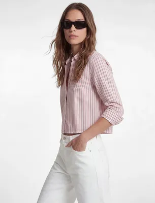 Koton Uzun Kollu Çizgili Oversize Poplin Crop Gömlek