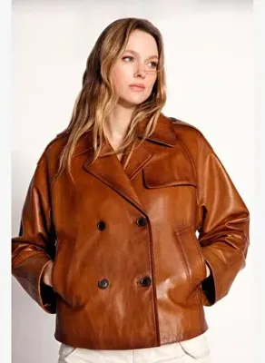 Derimod Gabriela Kadın Camel A-From Kruvaze Deri Ceket 26SGE5670NC