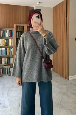 lamelif Yarasa Kol Yün Triko Kazak Gri