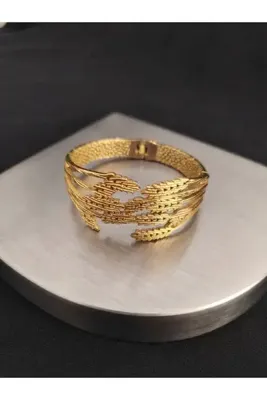 Genel Markalar Lüks Tasarım Başak Model Zirkon / Çelik Kelepçe Bileklik - Gold Renk Kadın Çelik Bileklik