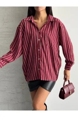 modazoom Kadın Çizgili Oversize Uzun Basic Gömlek