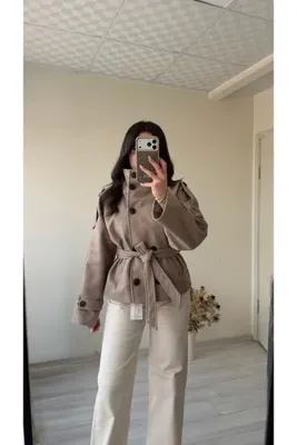 Genel Markalar Kadın Vizon Kuşaklı Düğmeli Kaşe Ceket