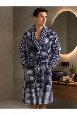 Nilyso Home Pike Bornoz Erkek %100 Pamuk Yumuşak Dokulu Desenli Şık Sabahlık Bornoz