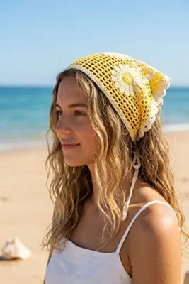 monalisatoka El Örgüsü Görünümlü Papatya Motifli Yazlık Üçgen Bandana