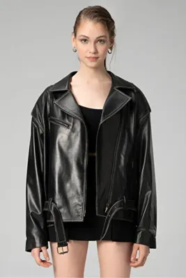 Dericlub Pamela Unisex Silme Oversize Biker Hakiki Deri Mont Siyah/bej