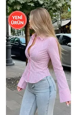 Perryes Kadın Uzun Kollu Vücuda Oturan Basic Gömlek Pembe Çizgili