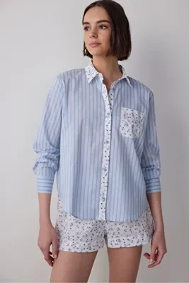 Penti Açık Mavi Lilah Gömlek Yaka Pamuklu Uzun Kollu Şort Pijama Takımı