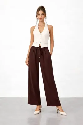 VAGGON Beli Lastikli Bağlamalı Geniş Paça Pantolon