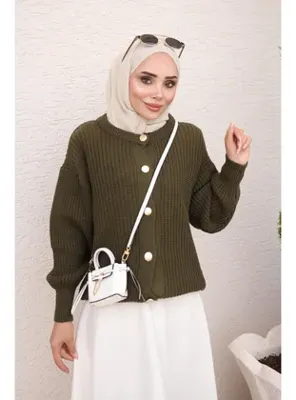 İmaj Butik Haki Selanik Örgü Düğmeli Triko Hırka