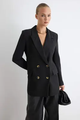 TRENDYOLMİLLA Siyah Oversize Astarlı Kruvaze Kapama Dokuma Blazer Ceket TWOAW21CE0145