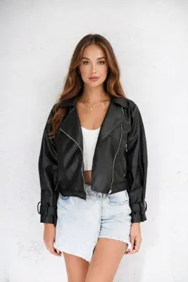 İLKCET MODA Balon Kol Siyah Oversize Tarz Deri Ceket