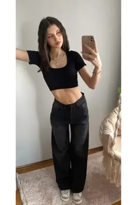 Violon Siyah Yıkamalı Model Wide Leg Baggy Jean
