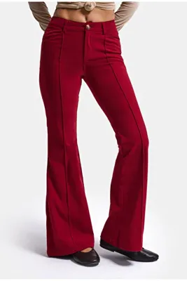 It's Basic Kadın Bordo Flare Fit Pürüzsüz Dokulu Esnek Velvet Kadife Kumaş Pantolon