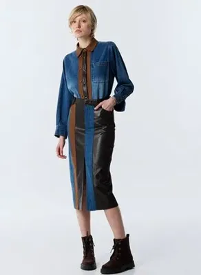 Twist TW6260004140 INDIGO Kadın Orta Bel Colorblock Kalem Etek