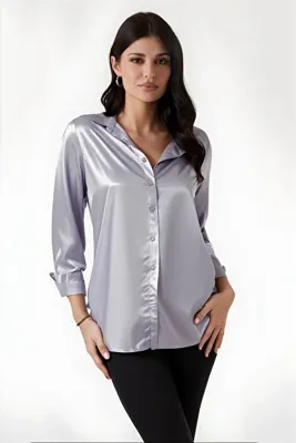 hazelin Kadın Gri Hafif Dökümlü Saten Yüzeyli Gömlek HZL22W-BD139641