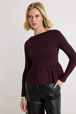 TRENDYOLMİLLA Mürdüm Kayık Yaka Belden Oturmalı Peplum Triko Kazak TWOAW27KZ00133
