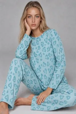Genel Markalar Kadın Desenli Uzun Kollu Mint Yeşili Pijama Takımı 4760