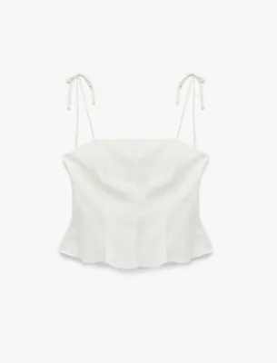 Koton Slim Fit Hafif Peplum Kesim Pileli İp Askılı Crop Keten Bluz