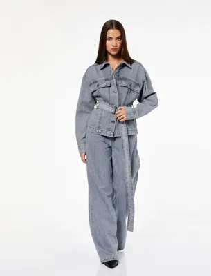 Koton Pamuklu Cep Detaylı Uzun Kollu Klasik Yaka Kemerli Denim Ceket
