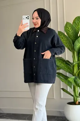 Suede Style 6707 - Şık Rahat Süet Yaka Garnili Uzun Tunik Kot Ceket