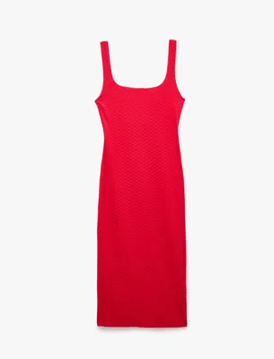 Koton Dokulu Yırtmaçlı Slim Fit Kolsuz U Yaka Uzun Elbise