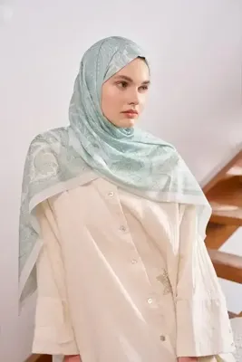 Madame Polo Fransız İpeği Saray Desen Şal - Su Yeşili