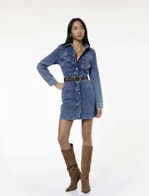 Koton Uzun Kollu Klasik Yaka Düğmeli Cep Detaylı A Kesim Mini Denim Elbise