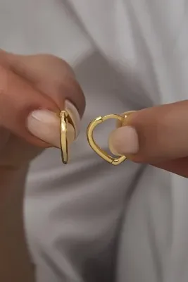 Nereze 925 Ayar Gümüş Gold Taşsız Sade Kalp Küpe