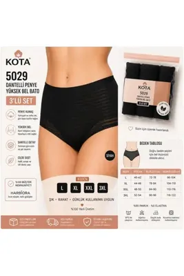 KOTA 5029 Kadın Dantelli Penye Yüksek Bel Bato Külot 3'lü Set