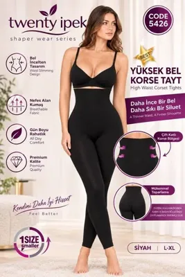 twenty ipek Kadın Siyah Yüksek Bel Korse Tayt - Bel İncelten Toparlayıcı Çift Katlı Korse Tayt 5426