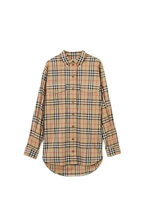 Burberry Check Stretch Pamuklu Bej Uzun Kollu Kadın  Gömlek