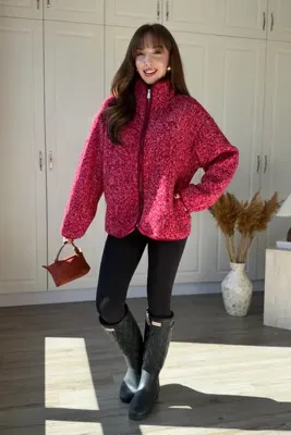 Dilay Gökoğlu Butik Kadın Desenli Dik Yaka Cep Detaylı Biyeli Fermuarlı Teddy Ceket