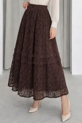 Benguen Katlı Dantelli Etek N2685 Kahverengi