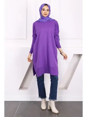 İmaj Butik Koyu Lila Bisiklet Yaka Merserize Salaş Triko Tunik