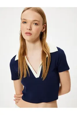 Koton Crop Tişört Polo Yaka Düğmeli Kısa Kollu Biyeli Slim Fit