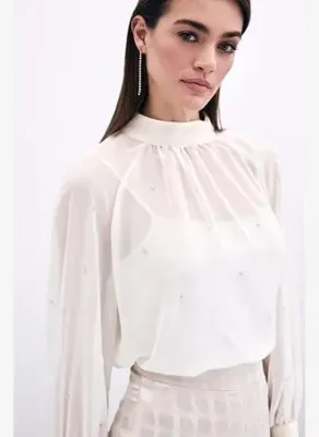 Sateen Taş Detaylı Transparan Bluz - Krem