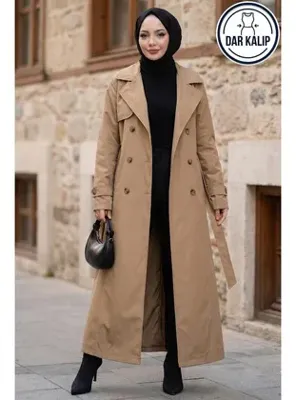hafsamina Kuşaklı Düğmeli Tamboy Trençkot Vizon HM2891