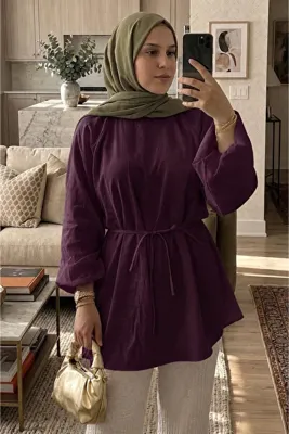miremiran Balon kol oversize tunik gömlek belden bağlamalı ense fermuarlı kol içi astarlı MÜRDÜM