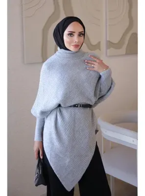 İmajButik Gri Asimetrik Kesim Kemerli Yumuş Triko Kazak