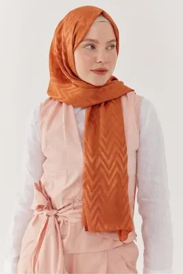 MİRSOY SCARF Zikzak Desen Parlak Jakar Şal - Portakal